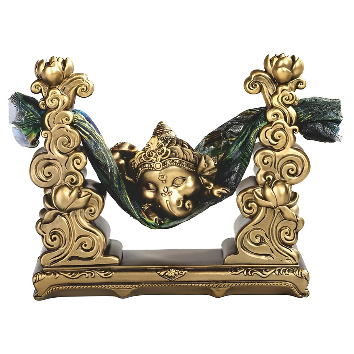 ICE ARMOR 7" W Gold Ganesha Sleeping in Hammock Statue Feng Shui Decoration Religious Figurine