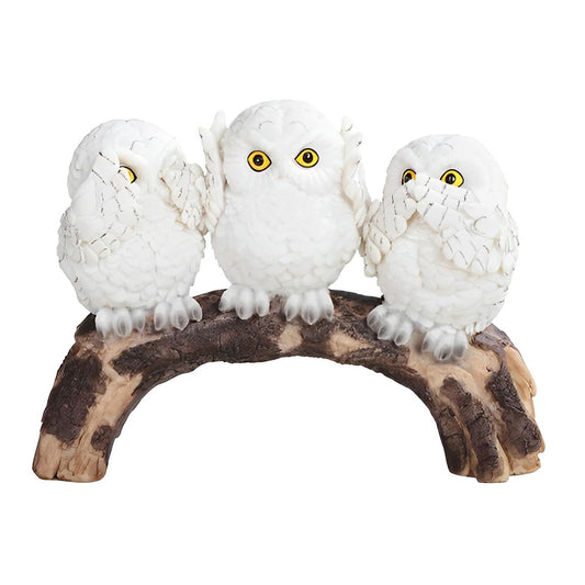 ICE ARMOR 8" W Set Snowy Owl Standing on Tree Trunk Acting Hear-No, See-No, Speak-No Evil Stacked Owls Garden Patio Decoration