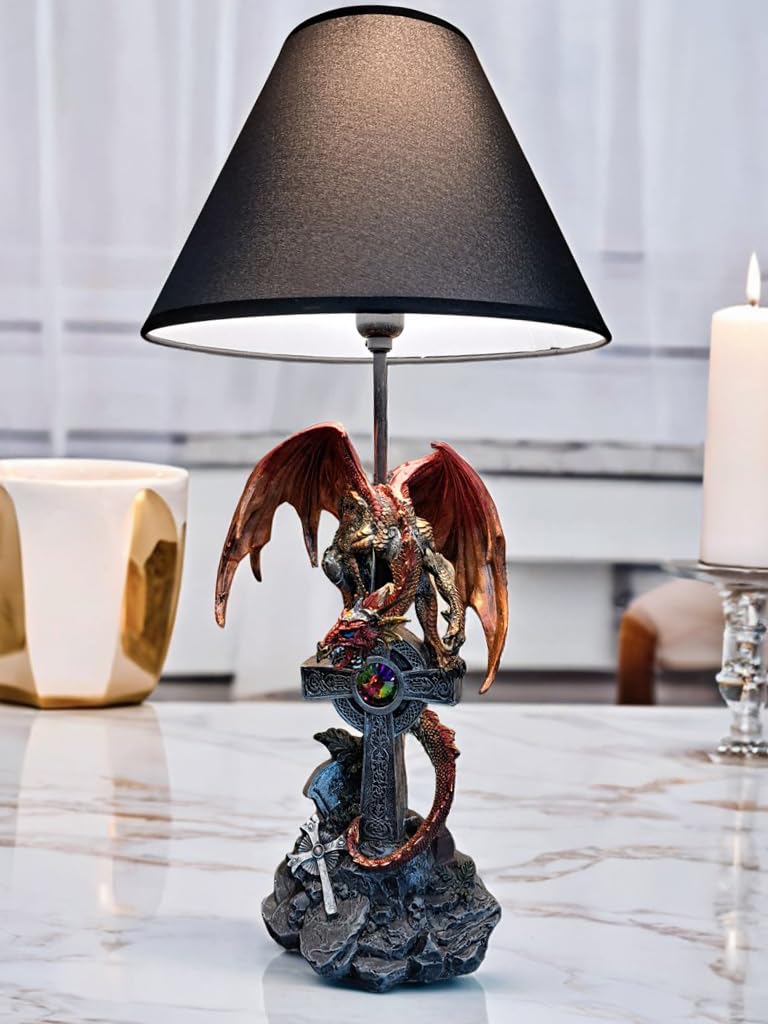 ICE ARMOR 24.5" Fantasy Collectible Dragon Statue Table Lamp Wrap Around Cross with Fabric Light Shade for Gothic and Medieval Décor (71791Red)