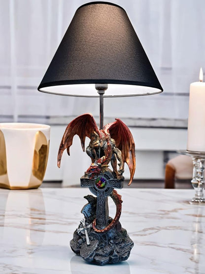 ICE ARMOR 24.5" Fantasy Collectible Dragon Statue Table Lamp Wrap Around Cross with Fabric Light Shade for Gothic and Medieval Décor (71791Red)